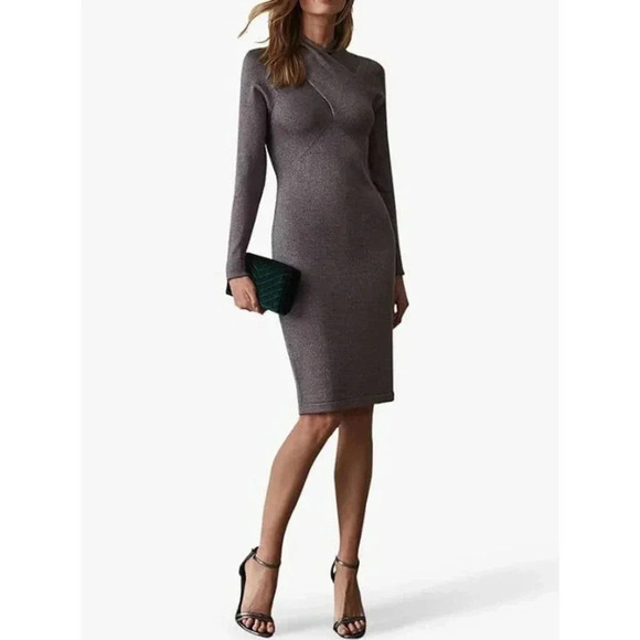 REISS Size XS Long Sleeve Gray Alethia Metallic Knit Dress - Picture 2 of 7